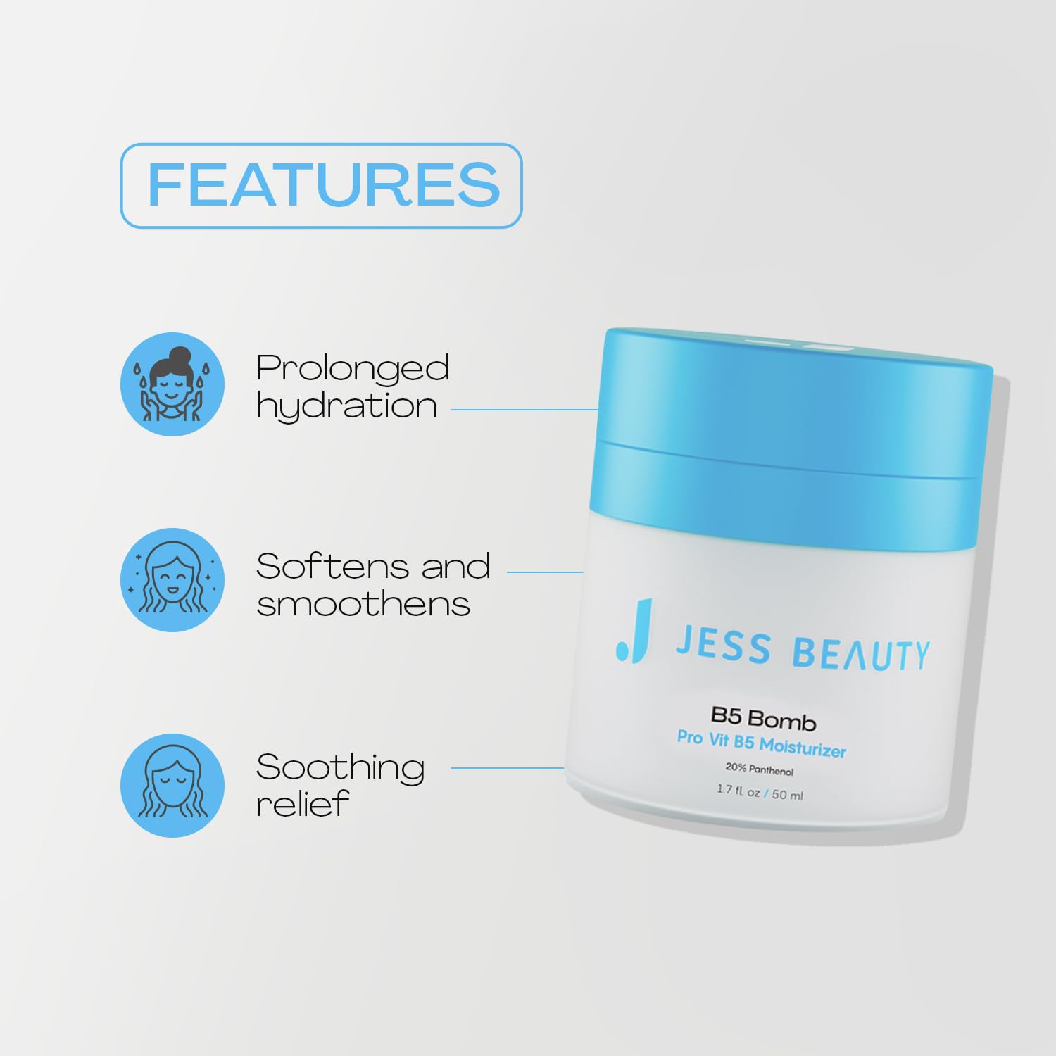 JESS BEAUTY B5 Bomb Face Moisturizer, 20% Panthenol with Hyaluronic Acid & Vitamin E