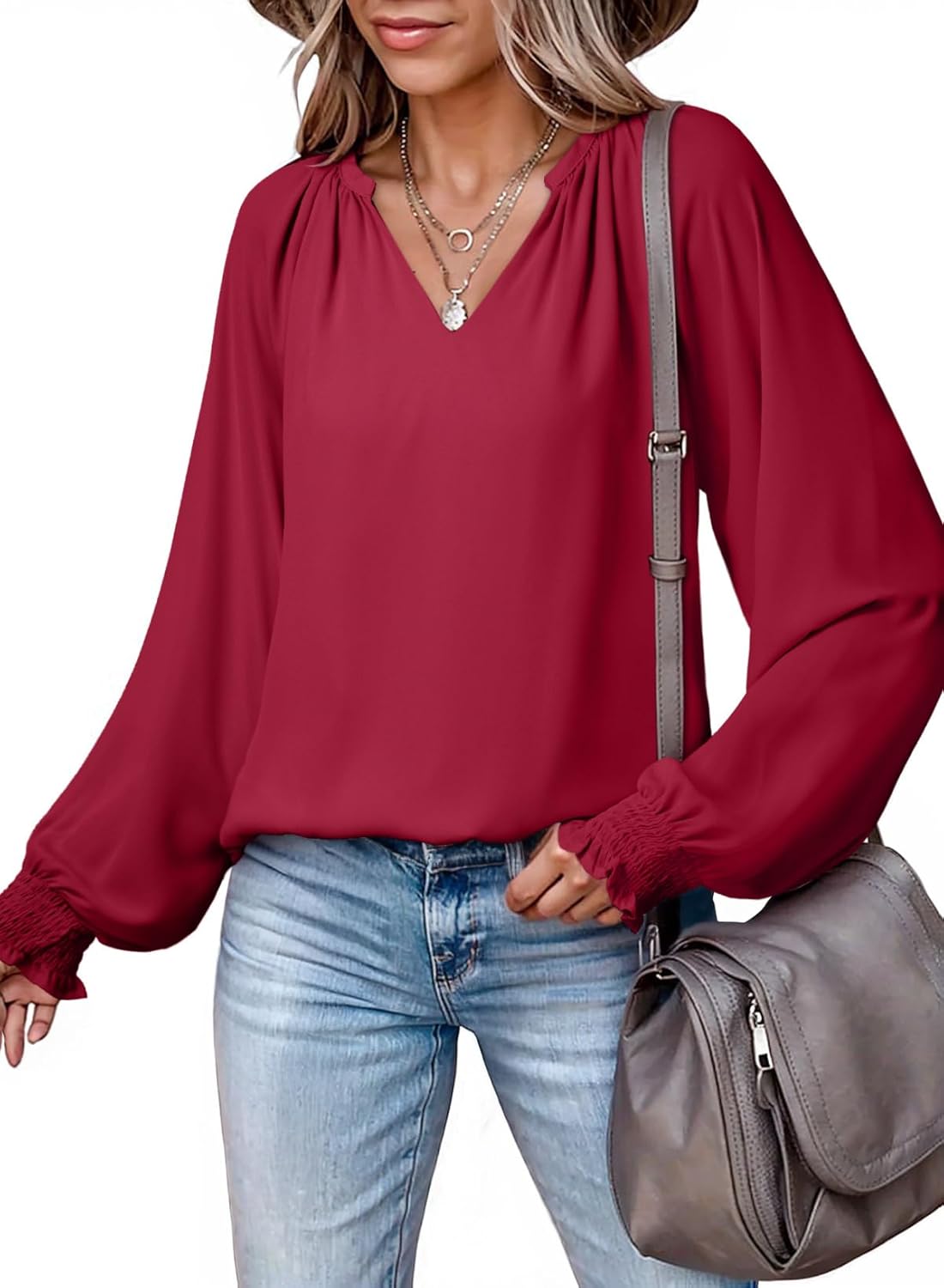 Dokotoo Womens Blouses Dressy Casual Flowy Boho Tops V Neck Long Sleeve Shirts