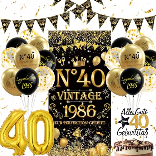 yosiio 40 Geburtstag Deko Geburtstagsdeko Frau Männer Vintage 1986 Banner Schwarz Gold Luftballons 40. Geburtstag Dekorationen Party Deko Set
