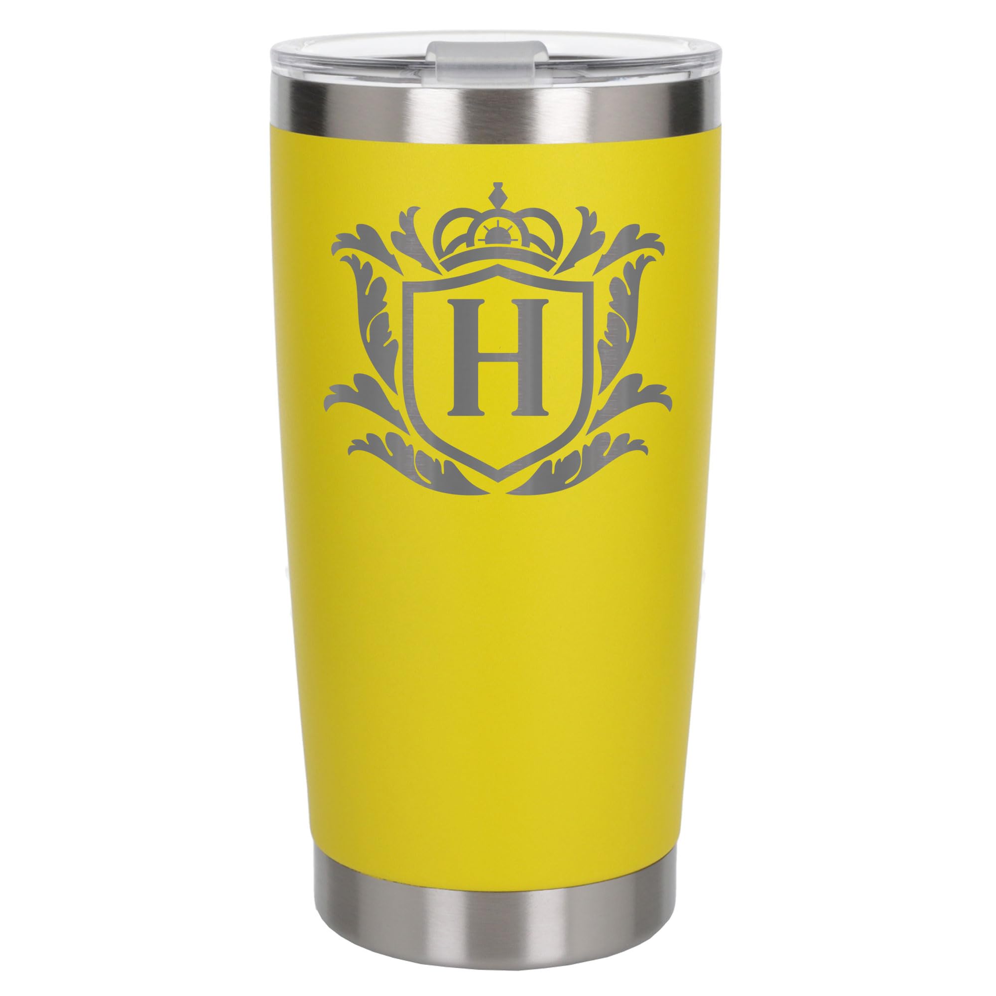 Customised Gifts 500ml Engraved Shield Initial Monogram Insulated Personalised Yellow Travel Mug for Men and Women - Personalised Initial Coffee Travel Mug for Hot and Cold Beverages, Letter H — image 1