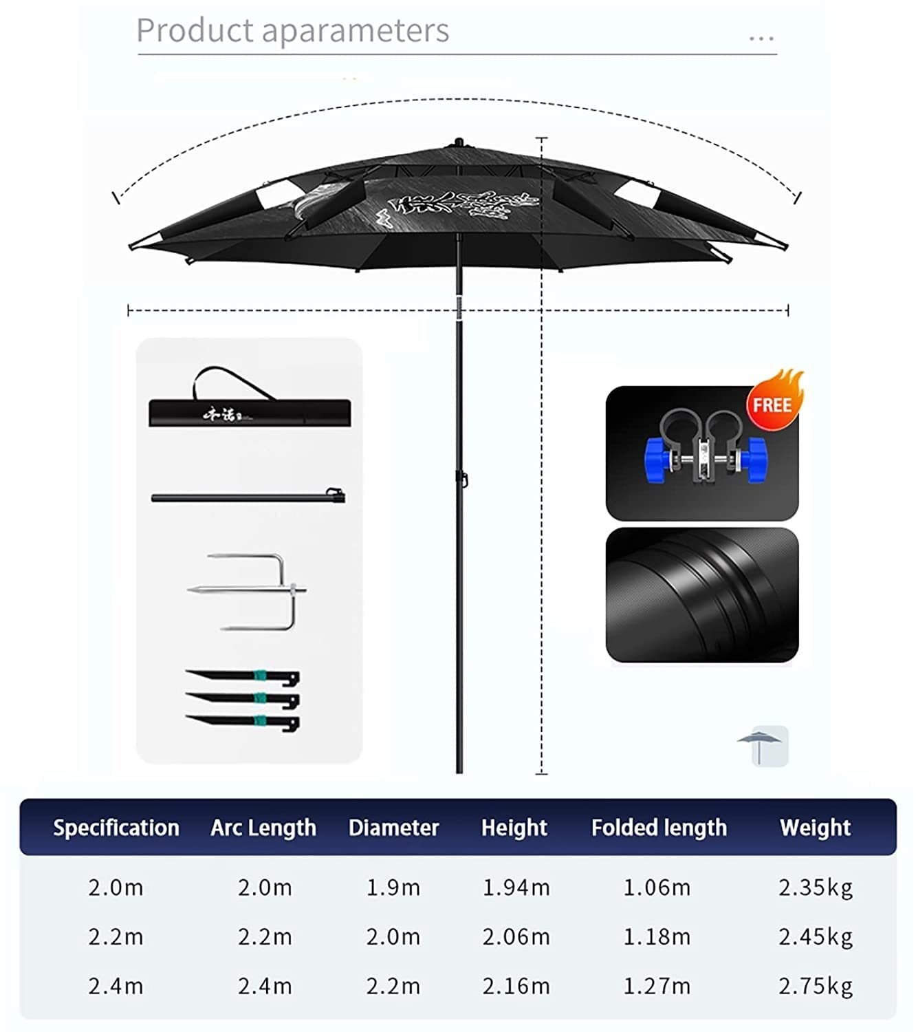 HXR parasol wędkarski Przenośny składany parasol z pogrubionym kremem przeciwsłonecznym i odpadowy parasol do wędkowania na świeżym powietrzu parasol wędkarski (Size : 2.4m (7.87ft))