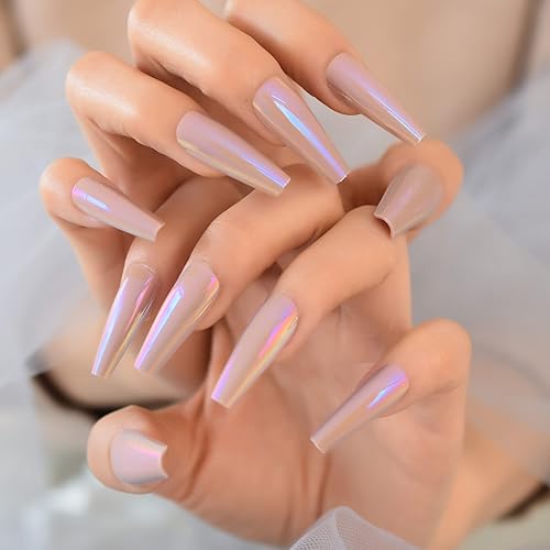 Uñas postizas largas con forma de ataúd a presión, uñas cromadas, uñas de gel rosa, uñas artificiales metálicas para mujeres y niñas, manicura, uñas