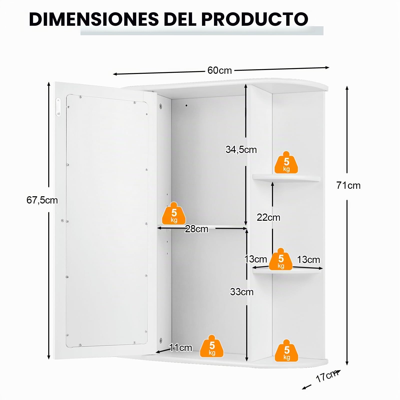LIFEZEAL Armario de Pared con Espejo de Baño, Mueble de Almacenamiento con 6 Compartimentos Abiertos y Estante Ajustable, Armario Montado en Pared con Puerta para Salón, Cocina, Dormitorio (Blanco)