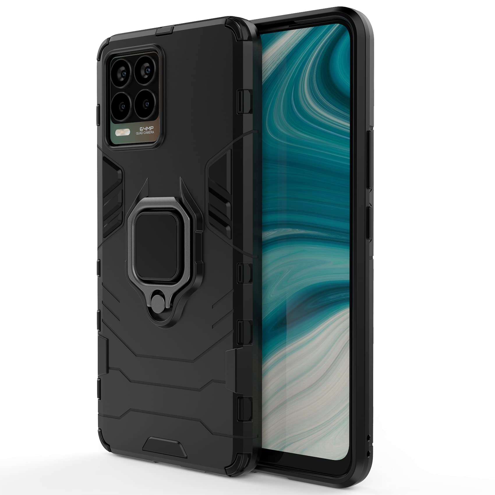 Custodia Per Realme 8i Con 2 Pellicole Vetro Temperato - Cover Paraurti PC+TPU Con Anello Rotante 360° E Supporto Magnetico - Nero - 2