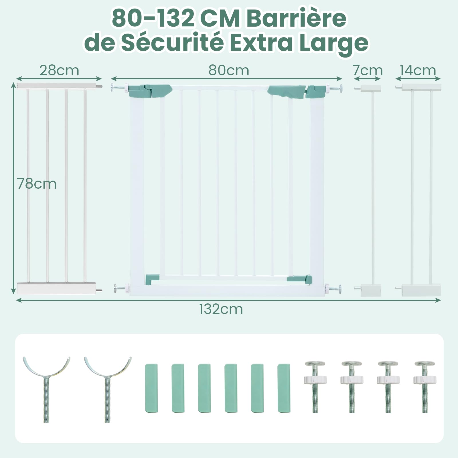 DREAMADE Barriere de Securite Enfant et Animaux sans Perçage 80-132CM avec Extension et Kit de Montage,Barrière d'Escalier à Fixation par Pression avec Fermeture Automatique,Cadre Métal (Blanc)