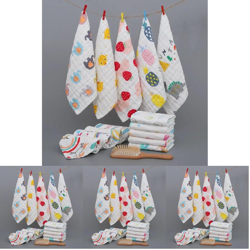 Little Boo Muslin 6 Layer Cotton Face Towels for Newborn Baby Extra Soft Hankies Reusable Napkins for Infants Toddlers/Kids (Pack of 20) White Printed.-image-43
