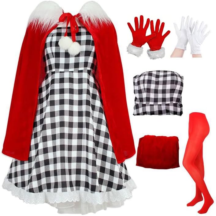 Pigmiss 5PCS Cindy Costume Women Adult Houndstooth Dress with Red Cape Gloves Halloween Christmas Cosplay Accessories
