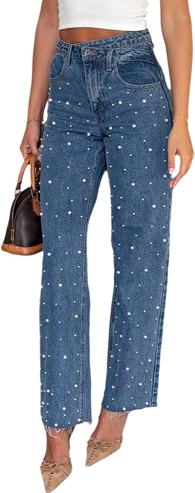 Women's Baggy Y2K Pearl Beaded Straight Leg Jeans Cross Waist Raw Edges Vintage Trendy Boyfriend Denim Pants