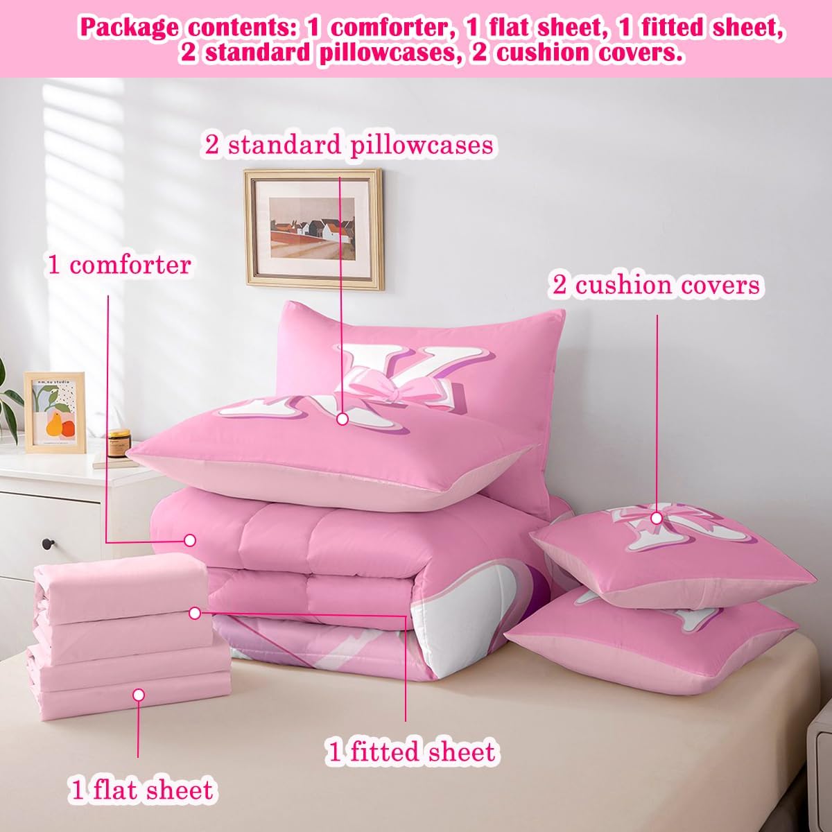 jejeloiu Pink Bowknot Bed Set, Queen Size, Decor Gifts for Women Teen Girl Ultra Soft Initial Letter K 7 Pieces Beeding Set, Girly Romantic Bed in a Bag with Comforter, Sheets, Pillowcases