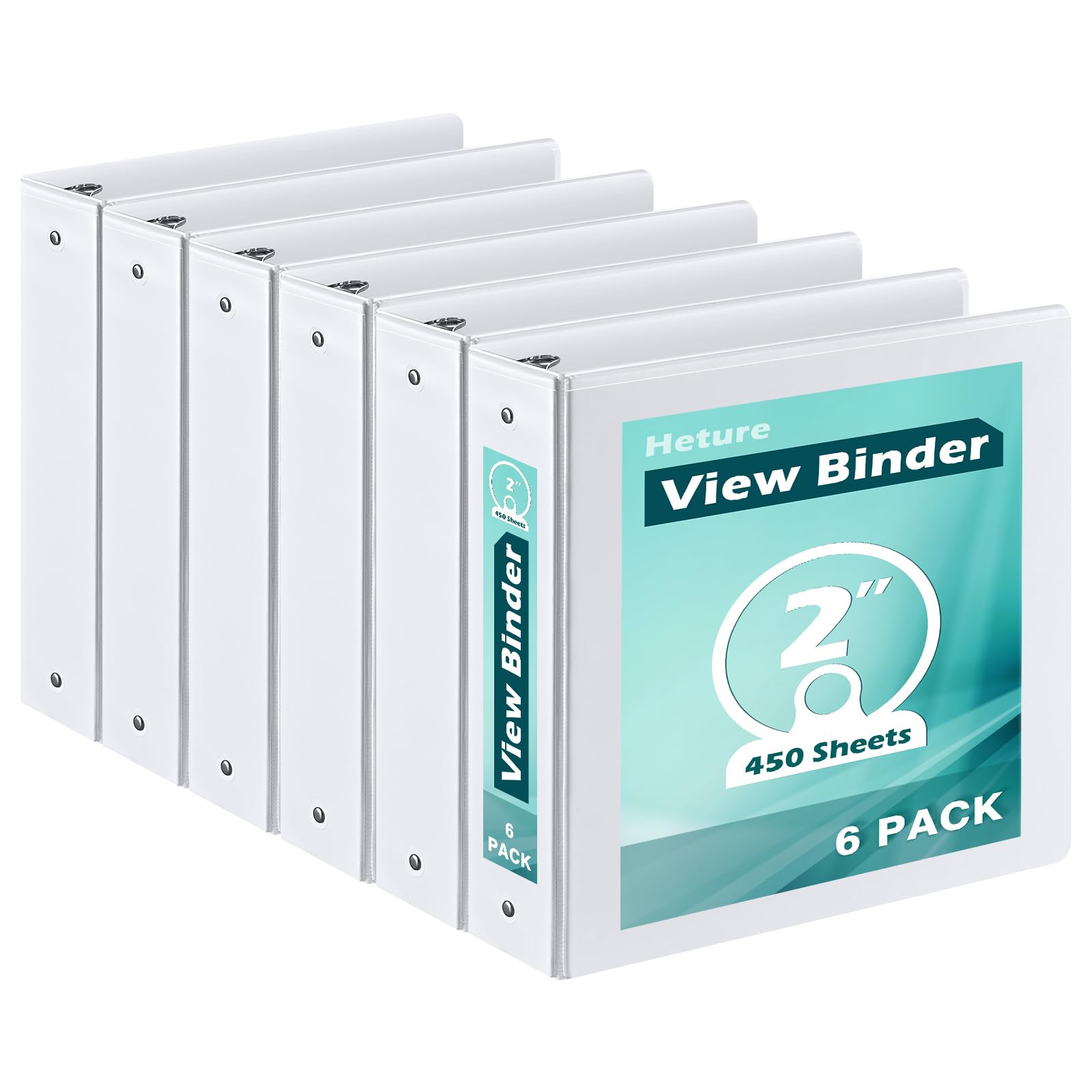 Heture 3 Ring Binder 2 Inch 6 Pack,2" Clear View with Round Rings, PVC-Free,Holds for 450 Sheets 8.5X 11 US Letter Size Paper, Durable White Binders