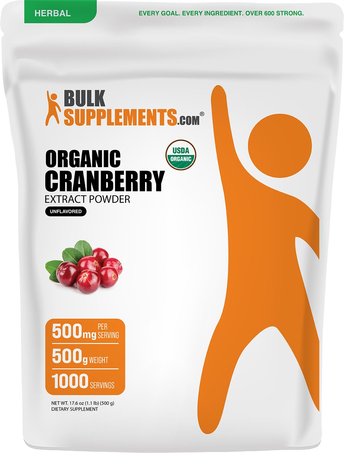 BulkSupplements.com Cranberry Extract Powder - Cranberry Flavoring Powder, Sourced from Vaccinium Macrocarpon Fruit - Vegan & Gluten Free, 500mg per Serving, 500g (1.1 lbs) (Pack of 1) 17.6 Ounce (Pack of 1)