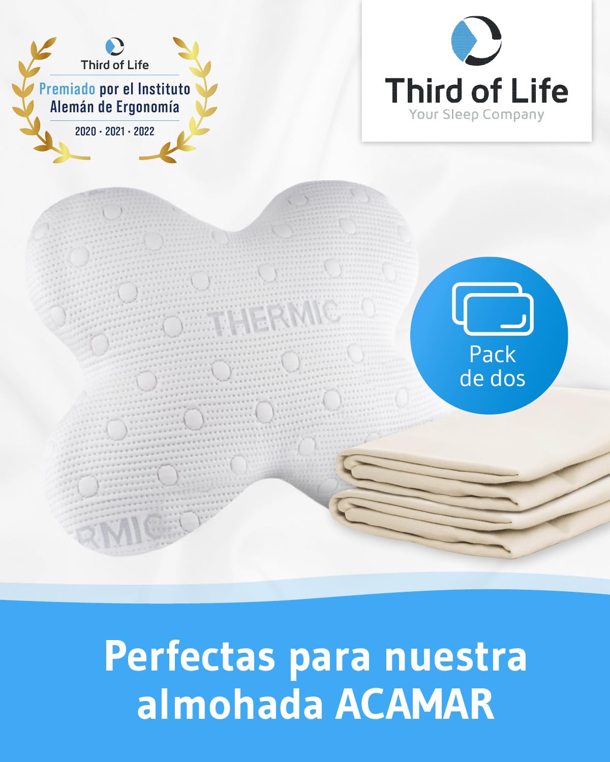 Funda de Almohada diseñada para la Almohada ACAMAR | 92% algodón 8% Elastano | Ajuste Cierre con Cremallera | Pack Doble, Marfil