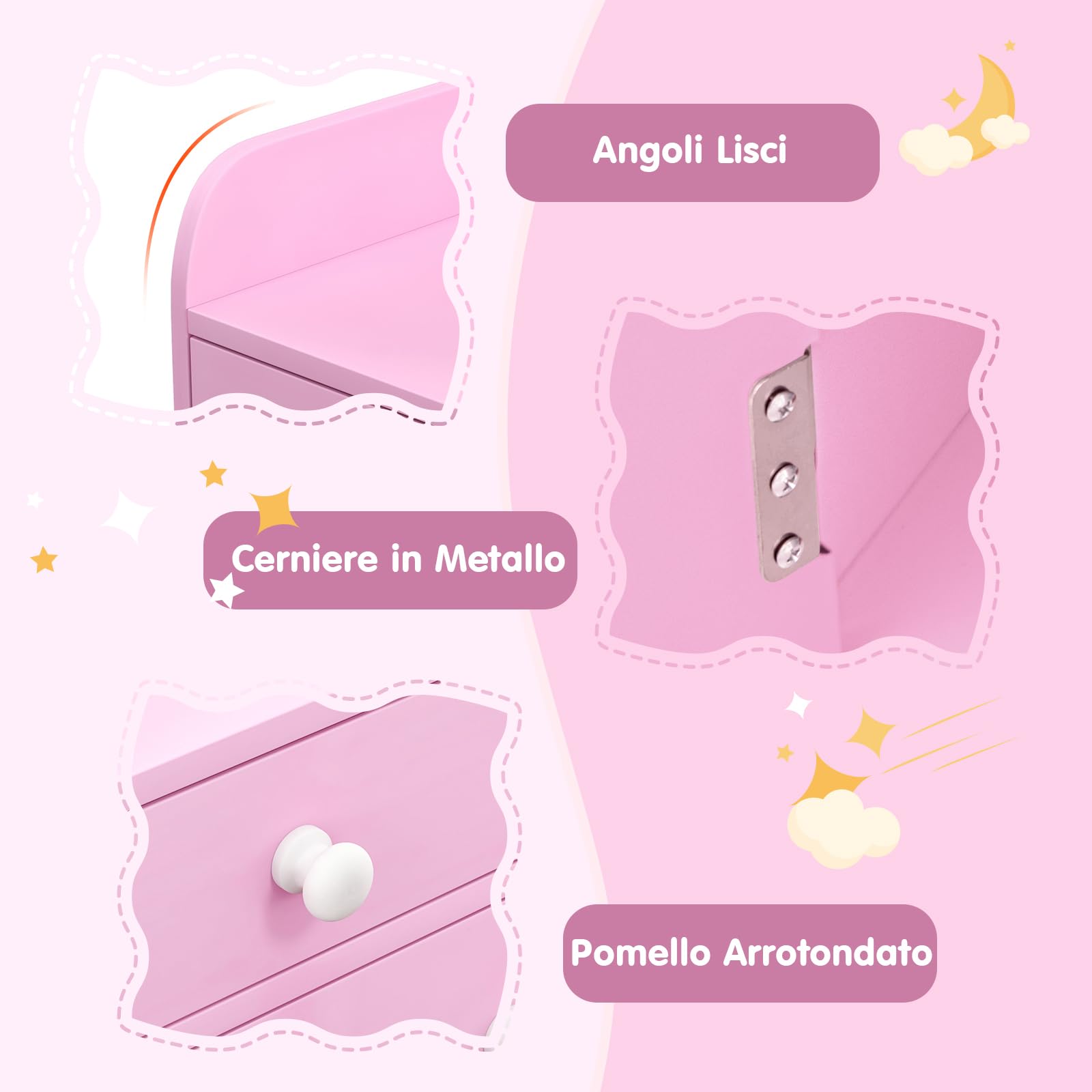RELAX4LIFE Toeletta Trucco per Bambina con Luci LED, 2 Colori, Specchiera Trucco con Sgabello, Mensole e Cassetto, Toeletta in Legno, per Bambini 3+ Anni (Rosa, L)