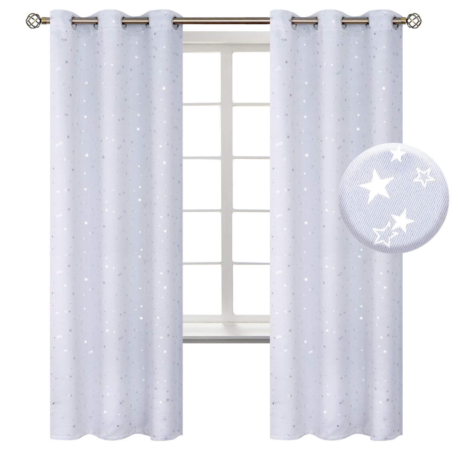 (1 pcs)BGment Kids Blackout Curtains for Bedroom - Grommet Thermal Insulated Silver Star Print Room Darkening Curtains for Living Room, Set of 2 Panels (42 x 72 Inch, Greyish White)