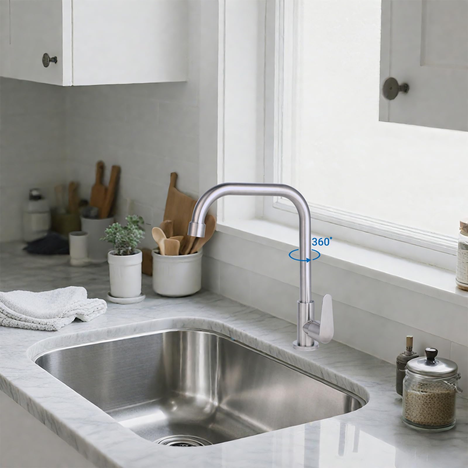 Grifo Cocina - Grifo Solo Agua Fría, Acero Inoxidable 304, Giratorio 360°, con Monomando, Ideal para Fregadero, Cocina o Lavadero(Adecuado para poros de 2,1-4,0 cm)