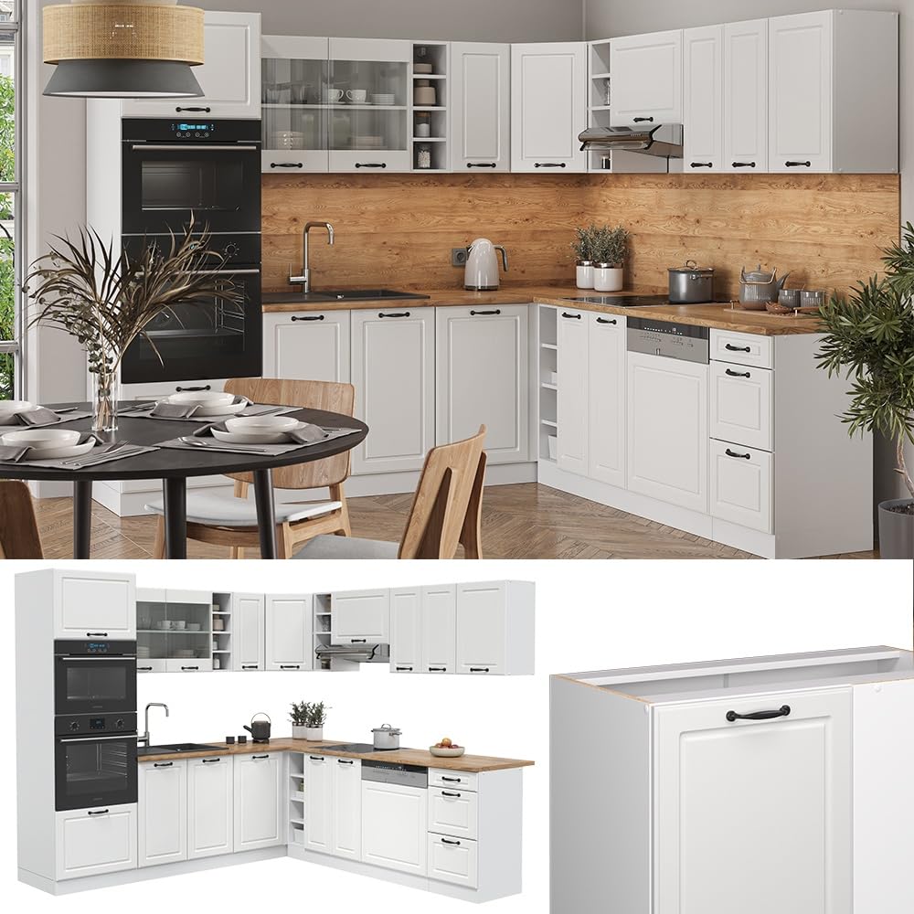 Vicco Cucina angolare completa R-Line Bianco country/Bianco 247x237 cm | senza piano di lavoro, per disposizione flessibile ed espansione modulare