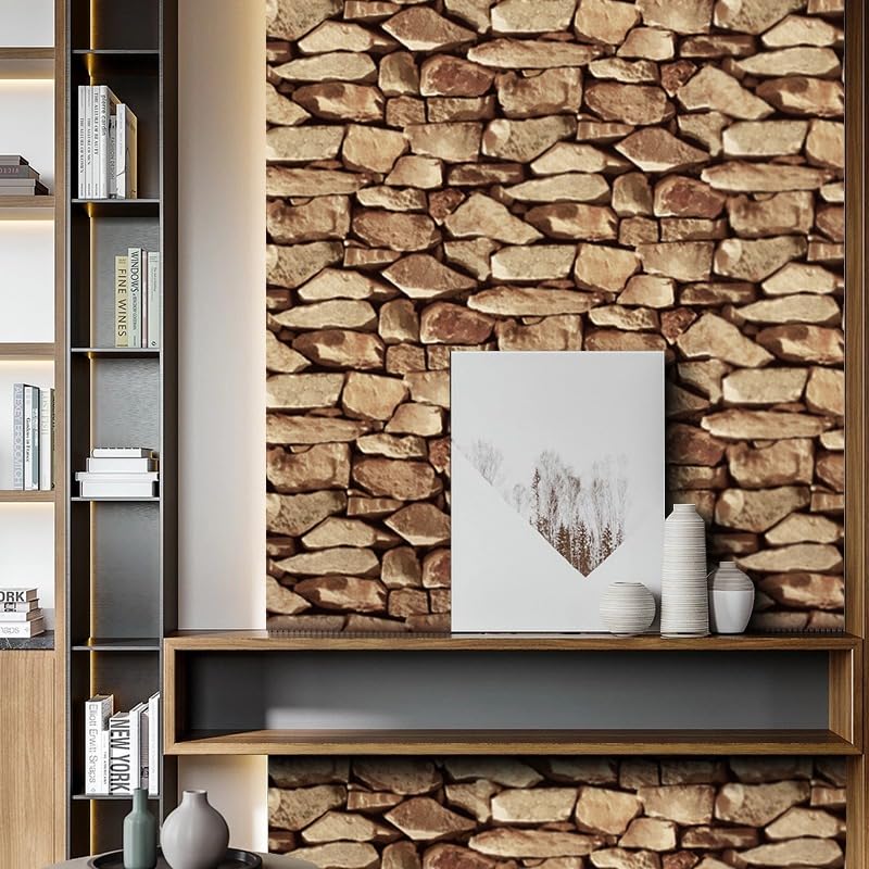 Pamatio Yellow Brown 3D Brick Wallpaper, 20" x 374", Vintage Faux Brick Stone Paper Roll, Imitation Marble Textured Wall Paper, Realistic Look Wallpaper Bedroom Living Room
