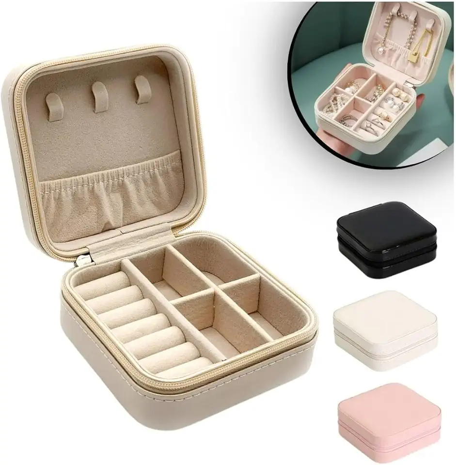 Porta Jóias de Couro com Forro de Veludo: Estojo Compacto e Resistente com Zíper para Viagem e Organizador Multifuncional Estilo e Segurança para Anéis, Pulseiras e Colares - NEXUS MARKET (BRANCO)