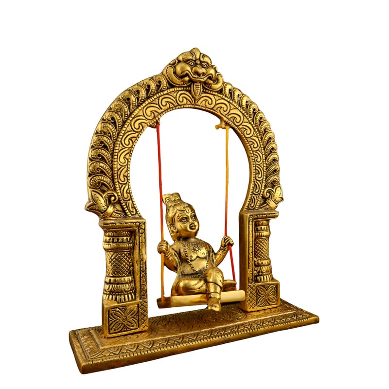 Image of White Metal Krishna on Swing Jhula 7.9 - Golden | Oxidized Bal Gopal for Temple & Home Home | Durable Material | Ideal for Home Decor | Perfect for Gifting