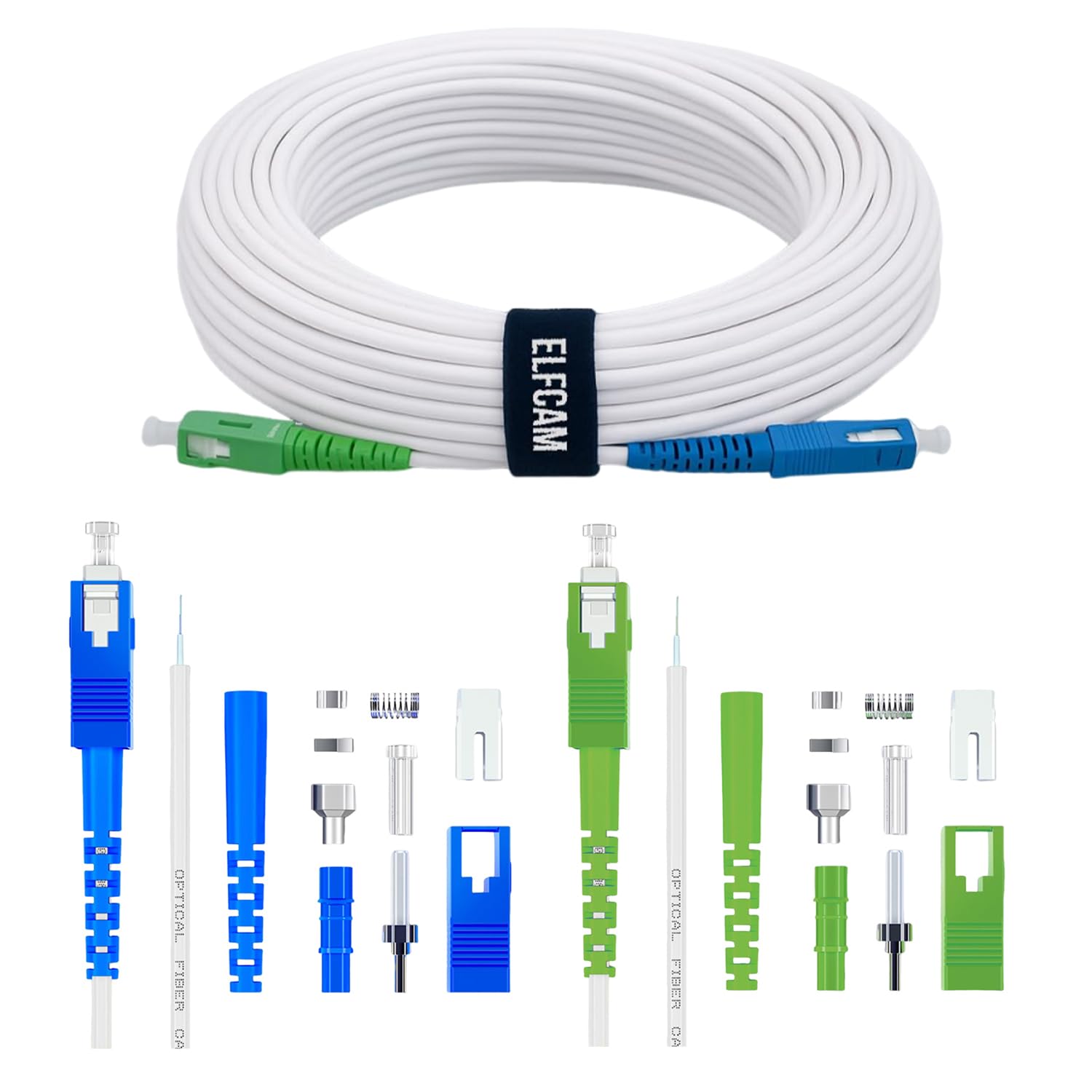 Elfcam® - Kabel światłowodowy/Przedłużacz (Freebox) - Jednomodowy SC-APC do SC-UPC - Wzmocniona osłona i złącze - Bardzo niezawodna utrata - Biały, 20M