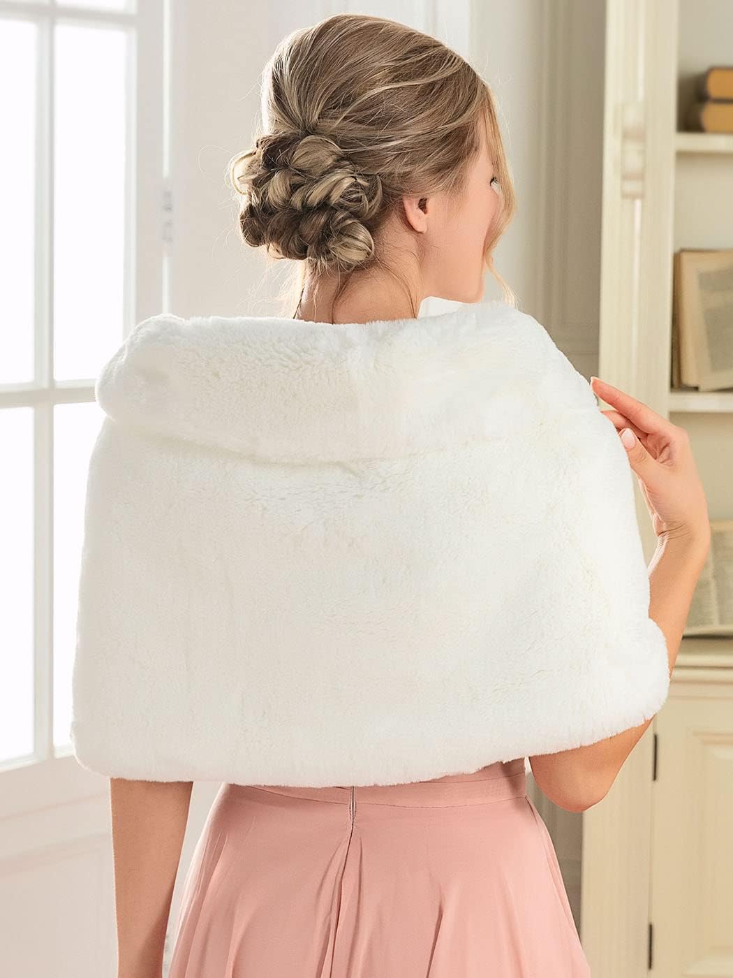 JAKAWIN Women’s Faux Fur Wraps and Shawls Bride Wedding Fur Stole Bridal Fur Shrug Scarf Cover Up for Women - Image 5