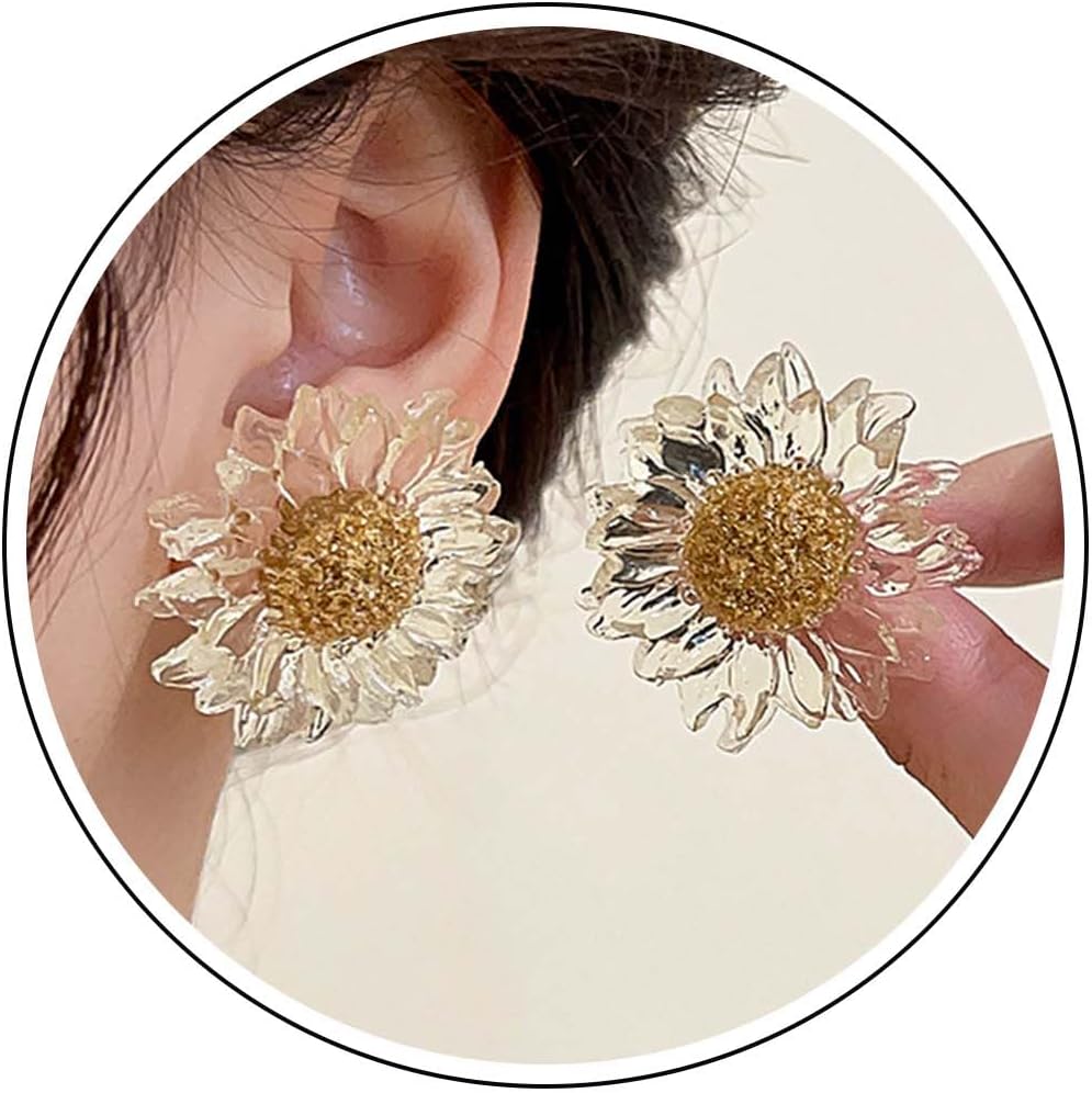Bohemian Large Flower Earrings Clear Resin Sunflower Studs Vintage Daisy Floral Earrings Big Transparent Acrylic Flower Dangle Earrings Wedding Bridal Jewelry for Women