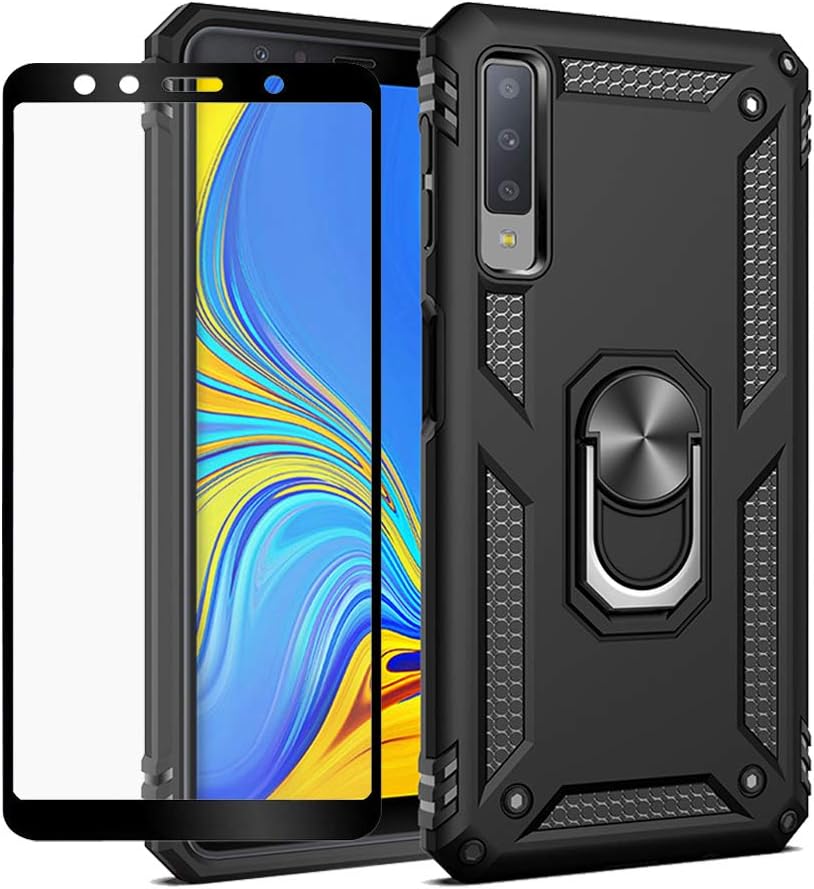 for Samsung Galaxy A7 2018 /A750 Case,Heavy Duty Shockproof Protection Built-in 360 Rotatable Ring Magnetic Car Mount Case Cover with Screen Protector for Samsung Galaxy A7 2018(Black)