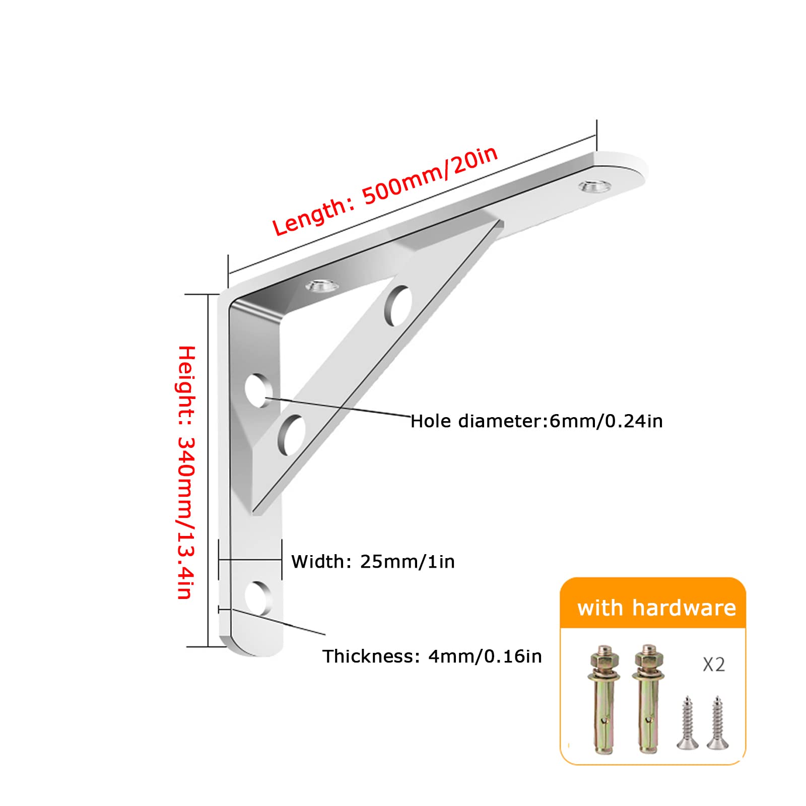 Staffe per Mensole Pesanti,Supporti per Mensole Triangolare,Staffe Mensole in Acciaio Inox,Carico Massimo: 175kg,Staffe Angolari 90 Gradi Angolo Mensole da Muro,con Viti (500x340mm/20x13.4in,4 pcs)