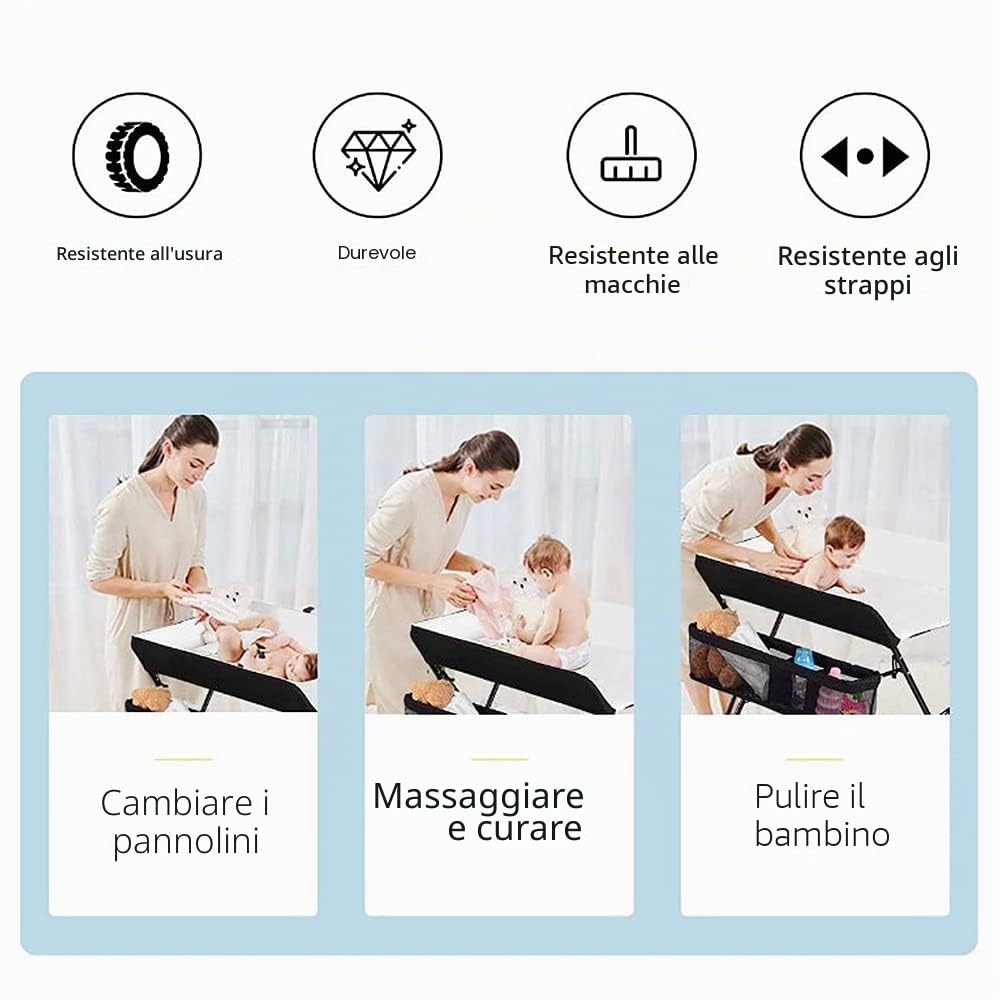 Fasciatoio Pieghevole per Neonato con Struttura Stabile,Fasciatoio per Bambini, Salva Spazio, per Cambio Pannolino,4 ruote con freno,con Scomparti Portaoggetti (79 * 55.5 * 96 cm (bianco e nero))