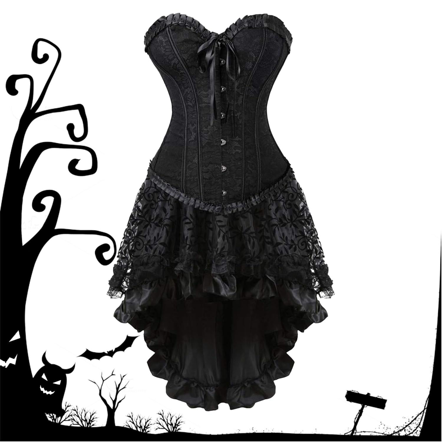 Corpetto Top Donna,Gonna Steampunk da Donna Asimmetrica in Chiffon,Collana in Pizzo retrò con Bracciale,Gotico Nero Bustini e Corsetti,Adatto per Feste,Cosplay,Halloween,Carnevale