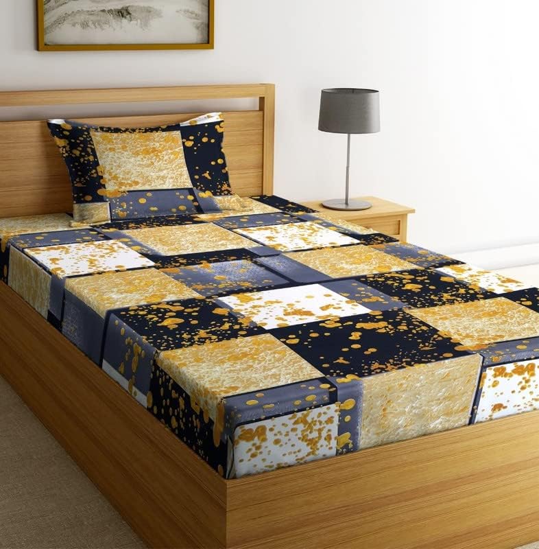 Image of NHD HOME Premium Cotton Printed Single Bedsheet with One Pillow Cover for Coat /Diwan / 4x6 Bed 180 Tc (150x225 cm, Black & Beige) बेडशीट