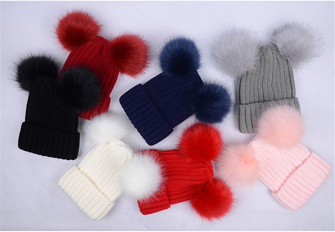 Kids Beanie Hat with Detachable Faux Fur Pompom, Unisex Knitted Skull Cap Double Pom Pom Hat Boys Girls Bobble Hat