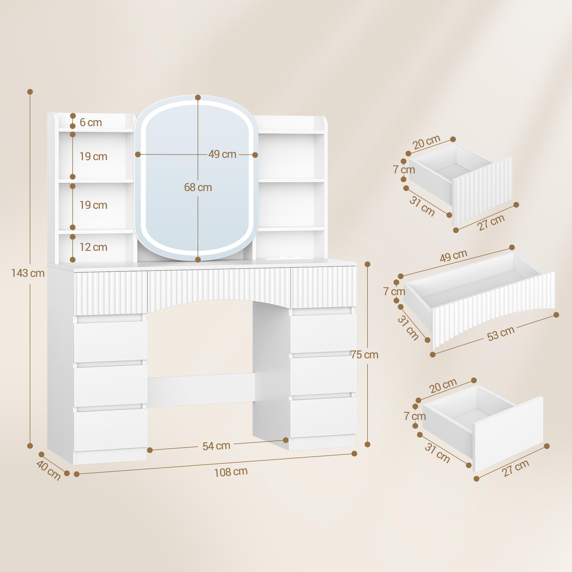 Hzuaneri 108 cm Toeletta Trucco, Postazione Trucco con Grande Specchio HD, Ciabatta Multipresa, Illuminazione a LED, 9 Cassetti, 11 Spazio di Archiviazione, per Camera da Letto, Bianco 1180103XEU