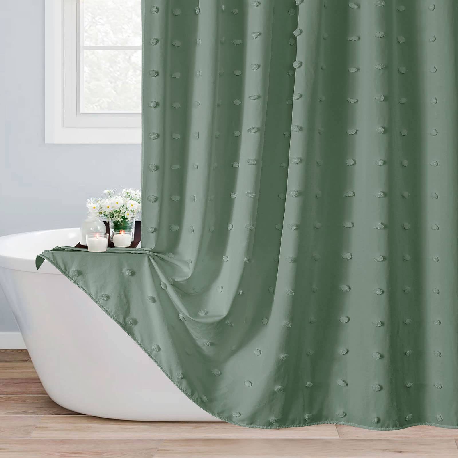 MitoVilla Boho Sage Green Shower Curtain, Modern Farmhouse Shower Curtain with Cute Simple Tufted Pleat Floral for Rustic Vintage Bathroom Decor, Soft & Wrinkle Resistant, Fabric, 72 x 72