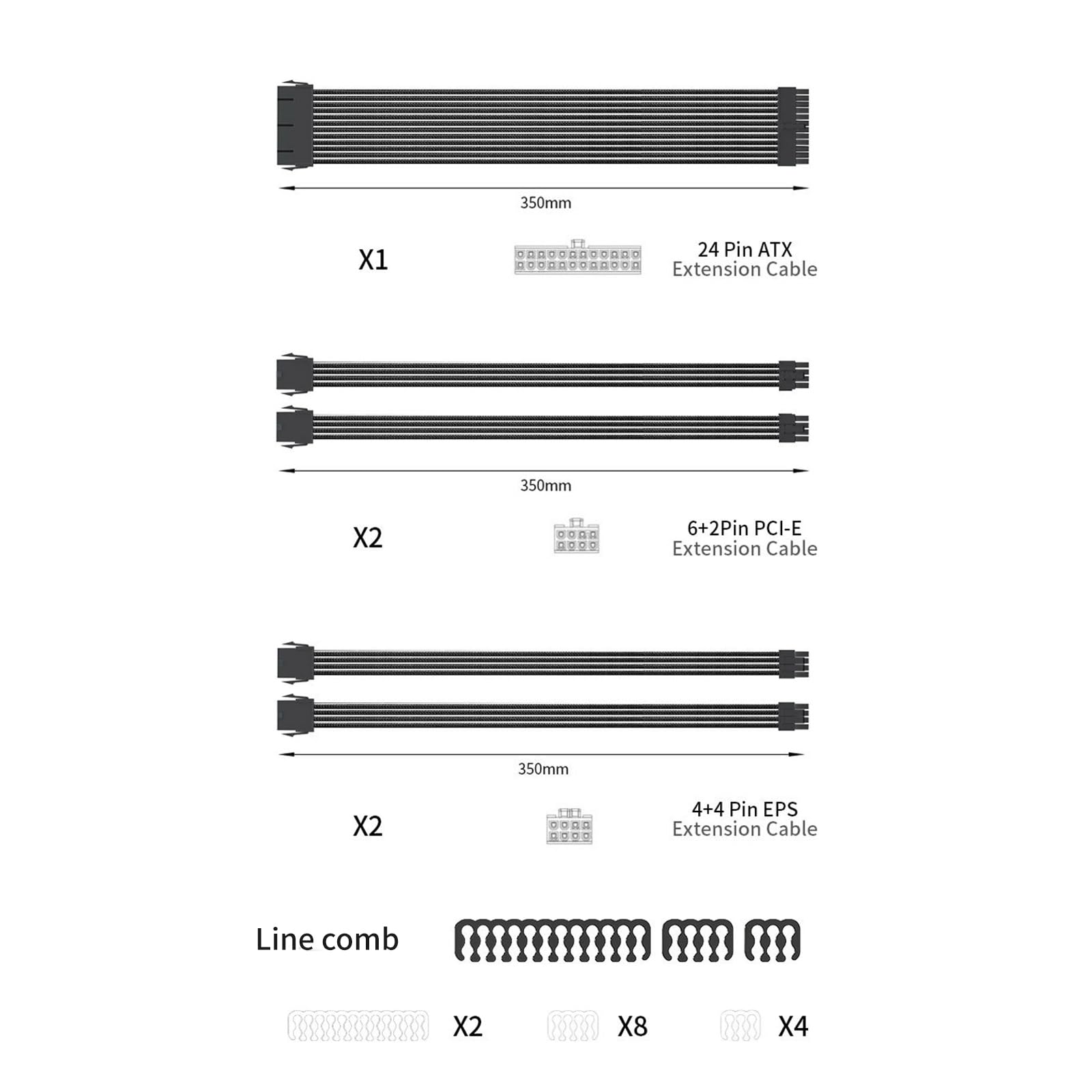 Cavo di alimentazione con manicotto per PC, set di cavi di prolunga da 35 cm, 24 pin, GPU, PCIE, 6+2 pin, 8 pin, CPU 4 + 4 pin, 18 AWG, cavo di alimentazione in nylon intrecciato