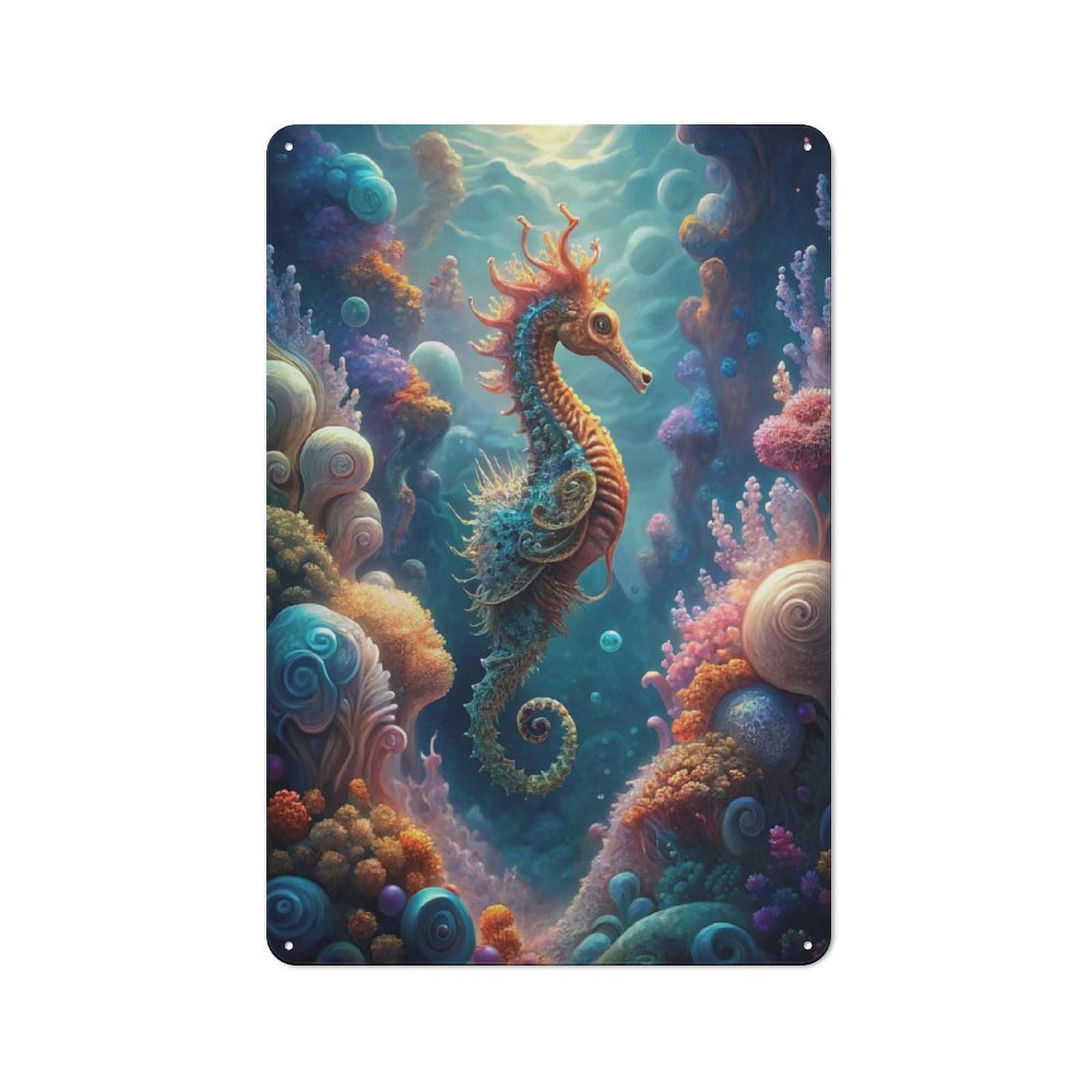 Junmoney Style-15 Tin Sign 30X20cm With Colorful Seahorse In Coral Reef For Workshop Wall, Retro Decor, For Metal Sign Collectors, For Cafés, Pubs And Restaurants