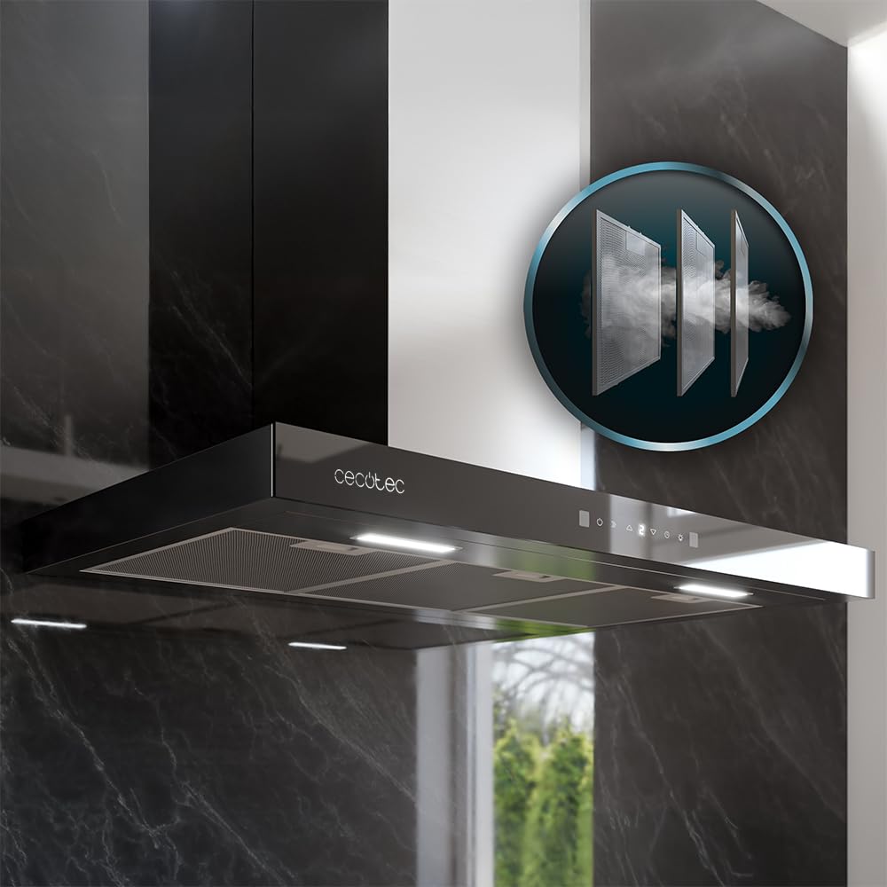 Cecotec Cappa Aspirante 90 cm Flux TT 905500 Glass Black A++. 70W, Finitura Frontale In Vetro Nero, Basso Consumo Energetico, Aspirazione 550M3/H, Touch Control, 3 Livelli, Luce Led, Filtro Carbone