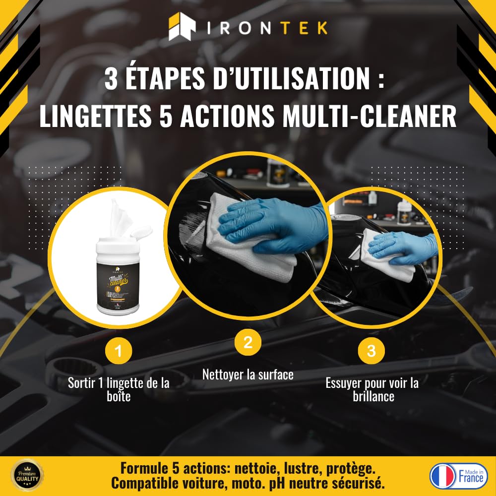 Lingettes Nettoyage Voiture et Moto sans Eau 80 pièces - IRONTEK | IT146 | Carrosserie Jantes Cuir Plastique | Nettoie, Détache, Lustre et Protège | Intérieur & Extérieur | Made in France
