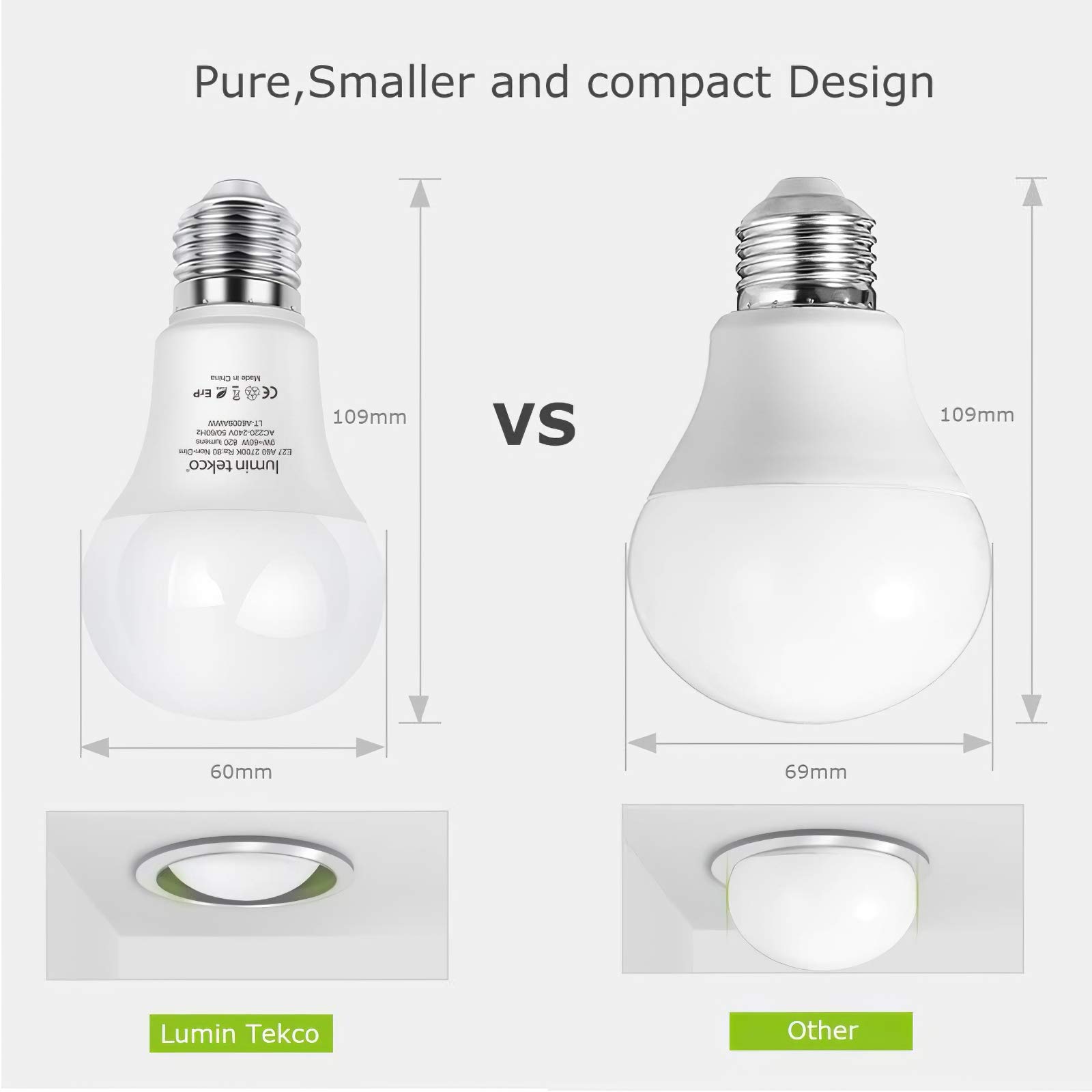 6 Serie E27 A60 Lampada LED Lumin Tekco, sostituisce lampadina 60W, non dimmerabile, lampadina LED 9W 820lm bianco caldo 2700K