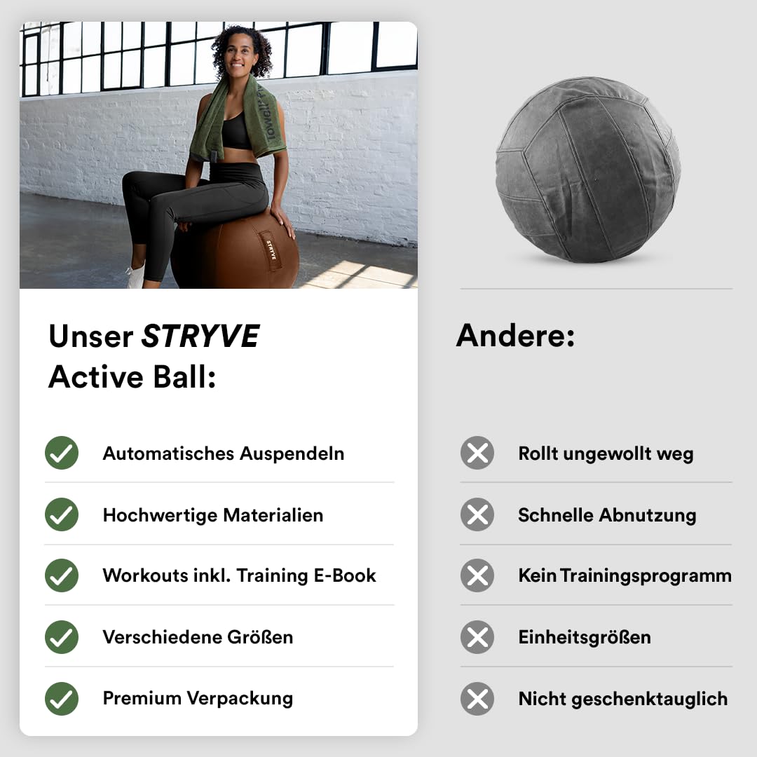 STRYVE Sitzball Büro 65,70cm - Ergonomischer Gymnastikball mit waschbarem Bezug und Wegrollschutz, inkl. Luftpumpe - Belastbar bis 150kg - Als Bürostuhl, Hocker