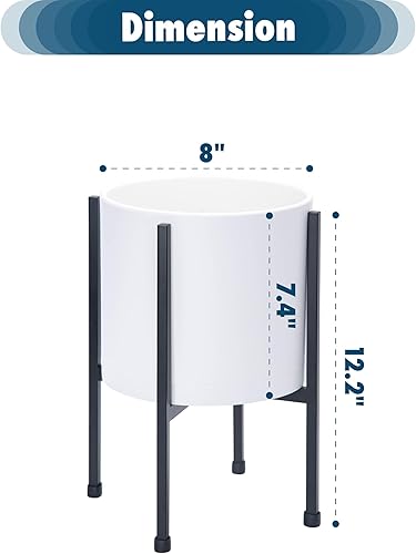 Miniatura 3 de D'vine Dev Maceta blanca de 8 pulgadas con soporte, moderna maceta cilíndrica de plástico con soporte de metal resistente para plantas
