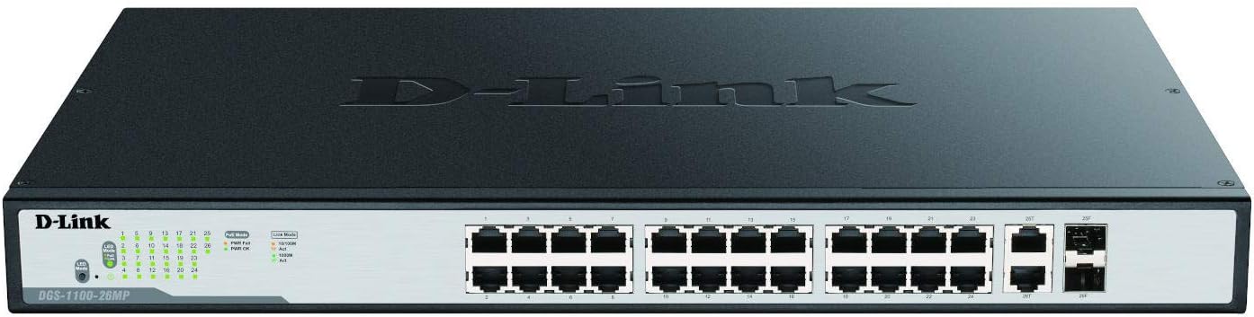 D-Link PoE Switch, 24 26 Port Smart Managed Gigabit Ethernet 2 SFP/RJ45 Combo Ports 370W PoE Budget Layer 2 Internet Network (DGS-1100-26MP)