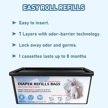 Diaper Pail Refills Bags with 30 Bags, Compatible with Genie Easy Roll Signature Diaper Pail and Platinum Diaper Pail, 7-Layer Odor-Barrier Technology, 2 Pack (60 Bag)