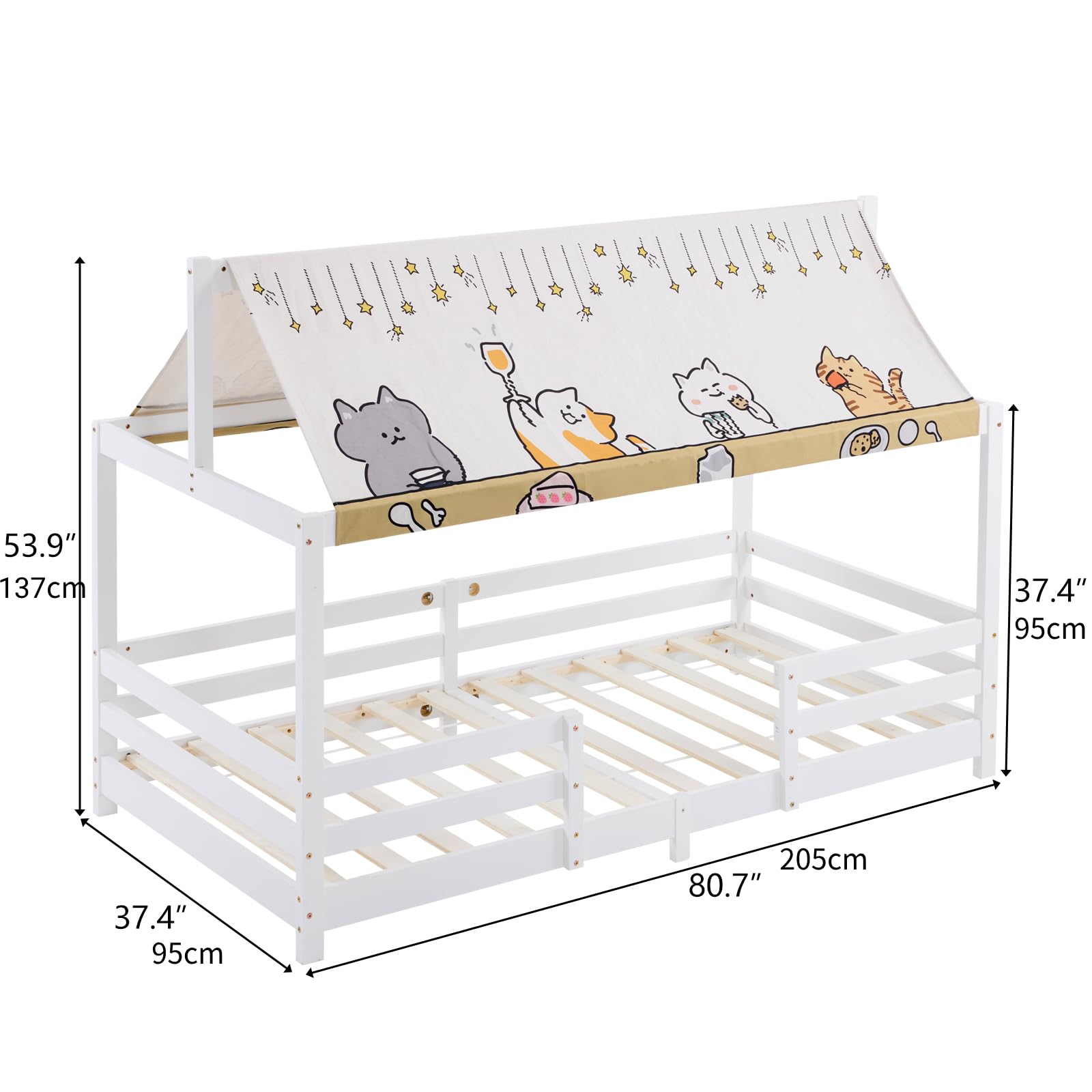 Kinderbett Bodenbett 90x200cm - Mit Stoffhimmel Bis 200kg Belastbar