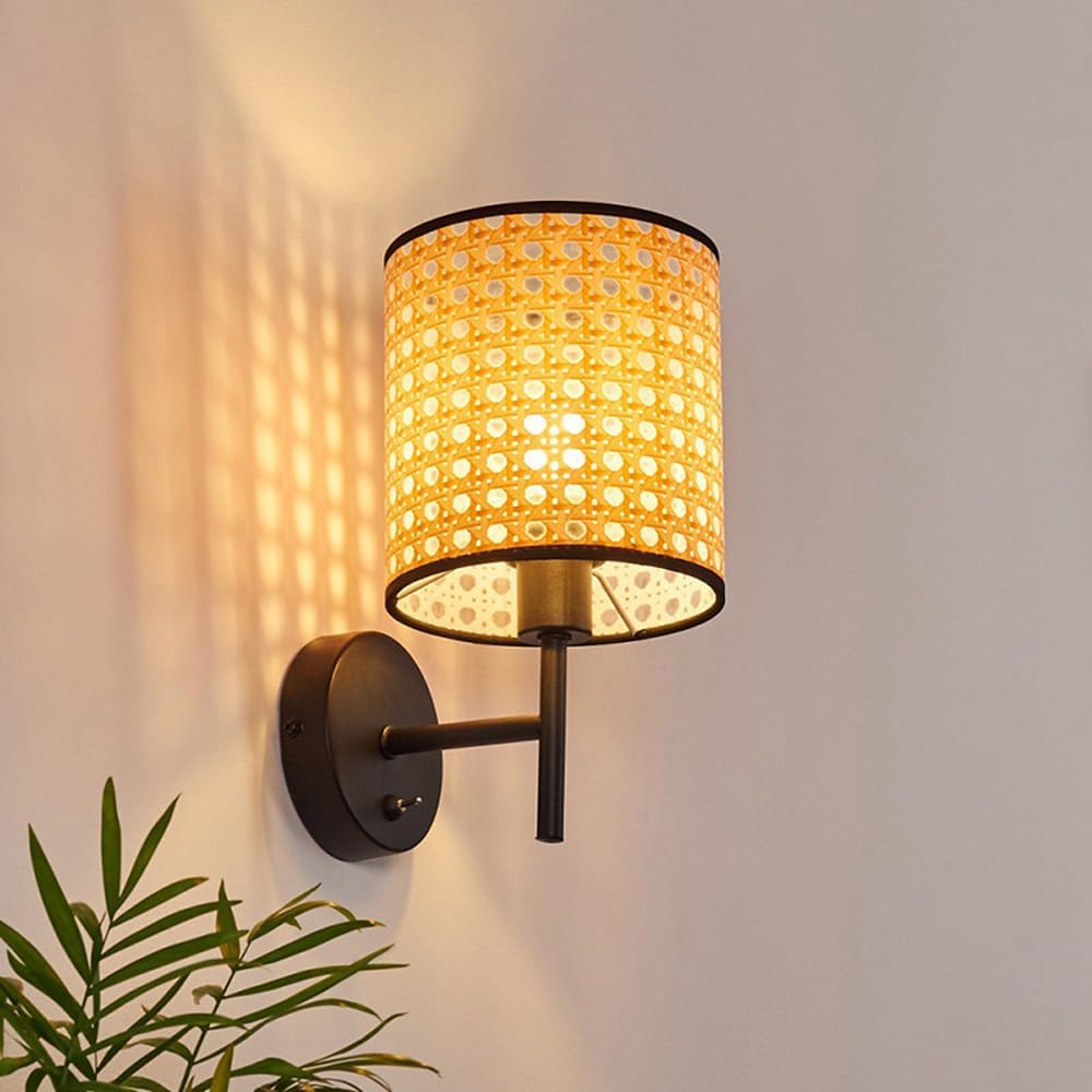Modern Light Luxury Rustic Boho Rattan Wall Mount Light Hardwired Wicker Bamboo Wall Sconce Black Bathroom Vanity Light Fixtures Farmhouse Wall Lanterns Wall Lamp for Bedside Bedroom Hallway