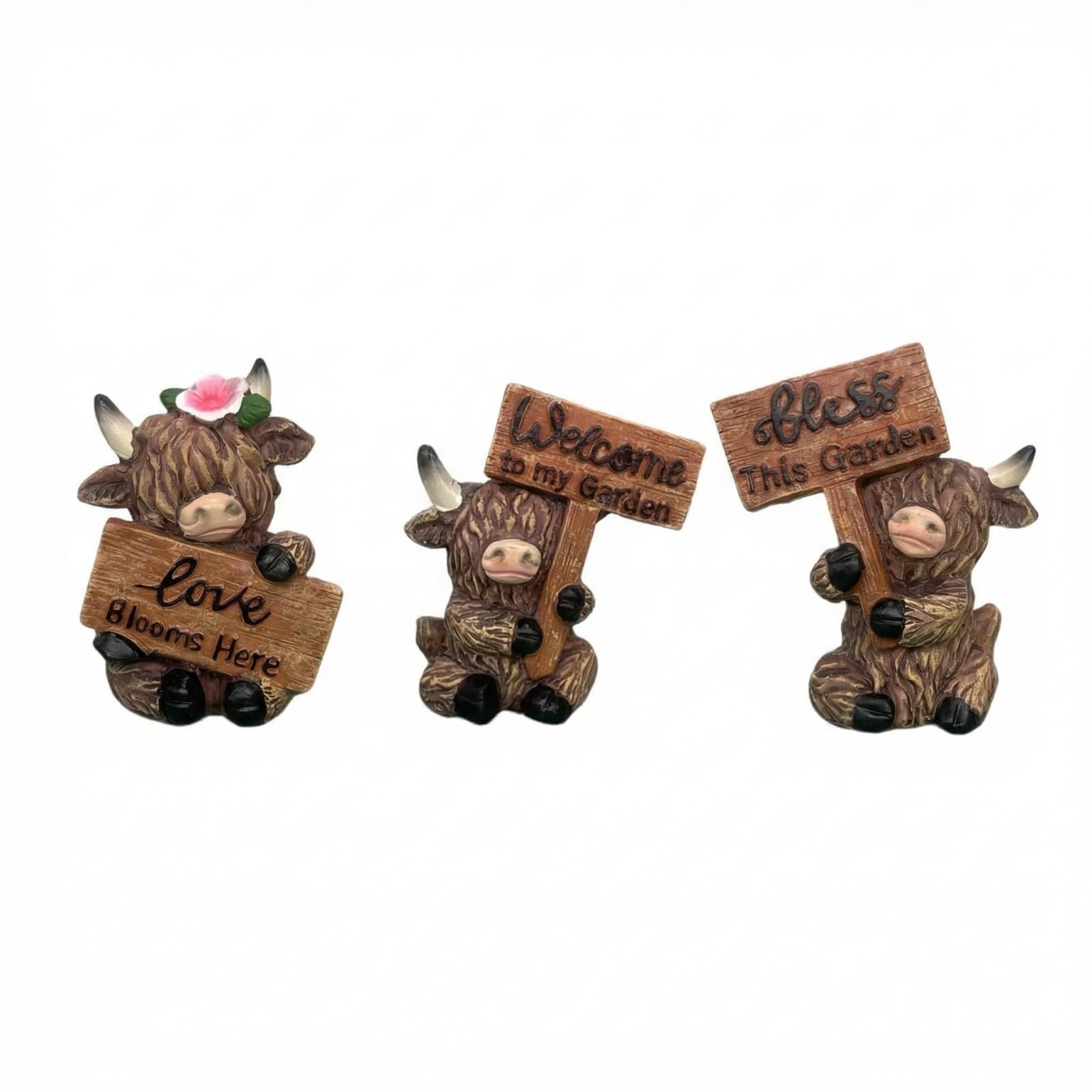 3PCS Lovely Highland Cow Ornaments Patio Lawn Yard Decor Resin Garden Statues Sitting Waterproof Indoor Outdoor Decor Cute Figurines for Garden Home Decor Wedding Birthday Gifts for Mum Women