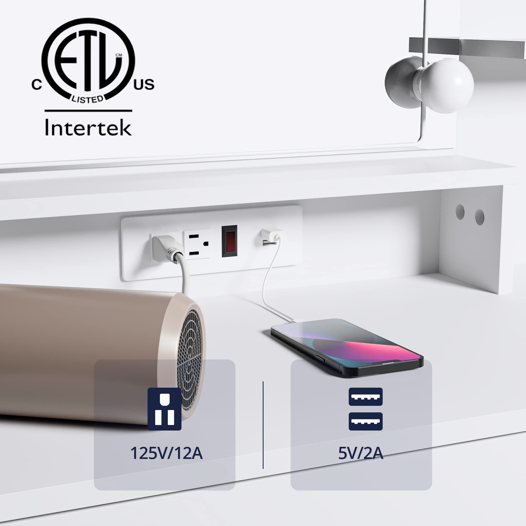 Cozy Castle Vanity Desk with Charging Station and Drawer, Makeup Vanity Desk with DIY Mirror and Lights, Vanity Table for Bedroom, White