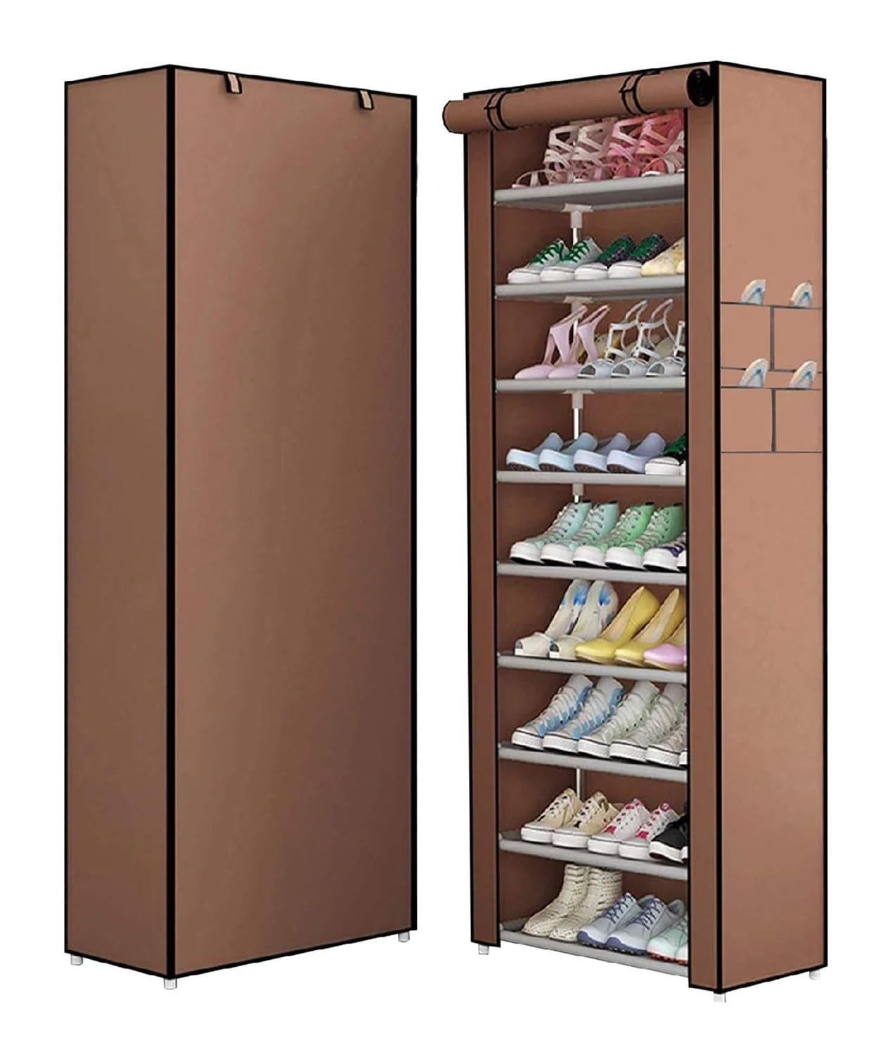 SKY-TOUCH 9-Tier Shoe Rack Canvas Shoe Storage Cabinet for 45 Pairs Shoes, Shoe Rack Standing for Living Room, Hallway, Shoe Organiser with Dustproof Cover, 153x58x29cm Brown,Dustproof