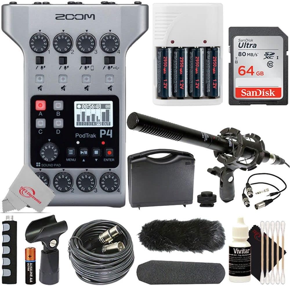 Zoom PodTrak P4 Portable Multitrack Podcast Recorder + 1Pr Shotgun Microphone Kit w/Case and accessories + Accessory Kit