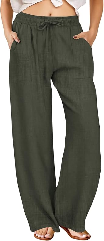 FireSwan Linen Pants Women Drawstring Elastic Waist Wide Leg Palazzo Pants